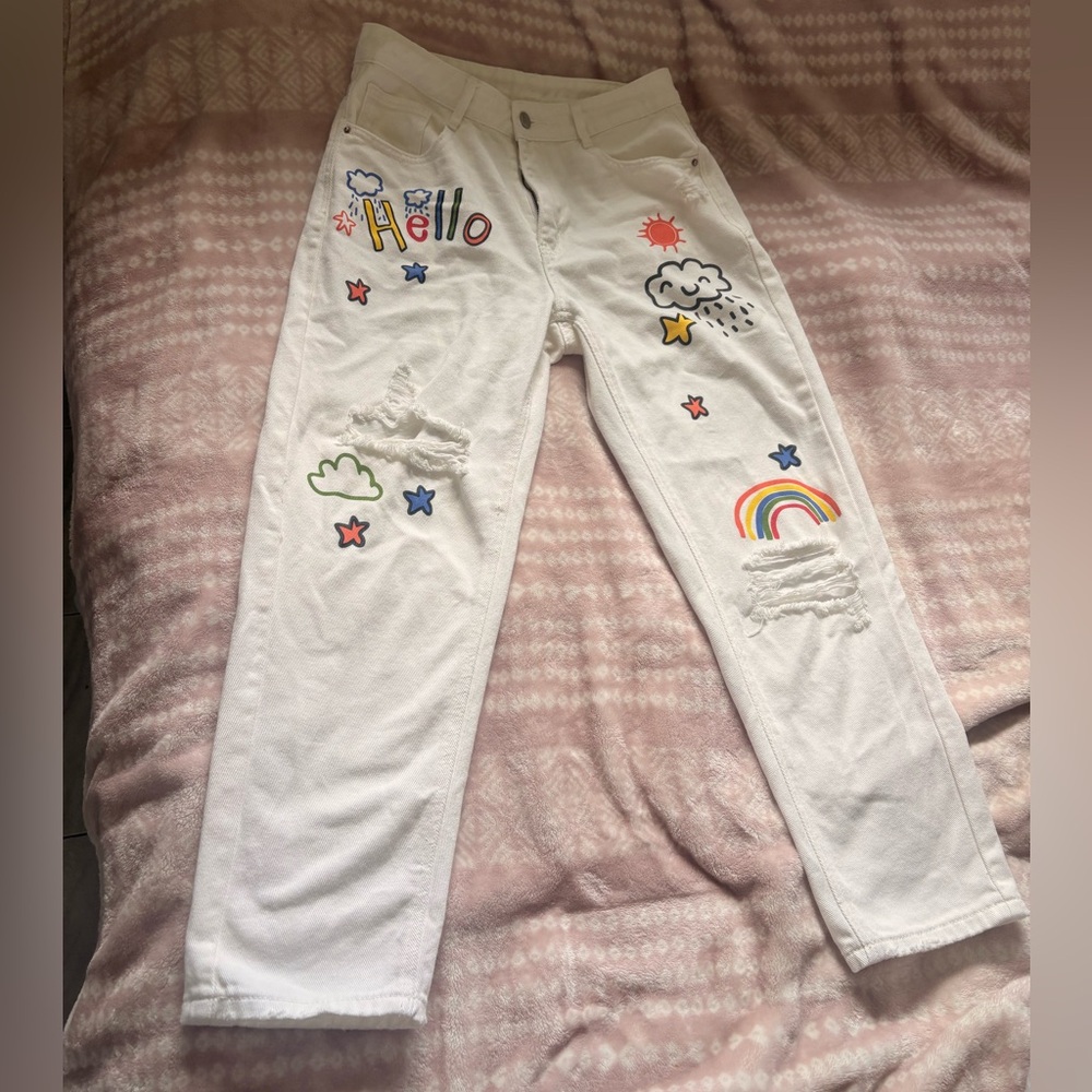 White Straight Leg Jeans with Rainbow & Cloud Graphics